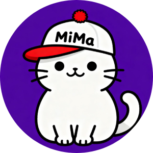 MiMa the white cat wearing a white cap with red pom‑pom and red visor that says MiMa